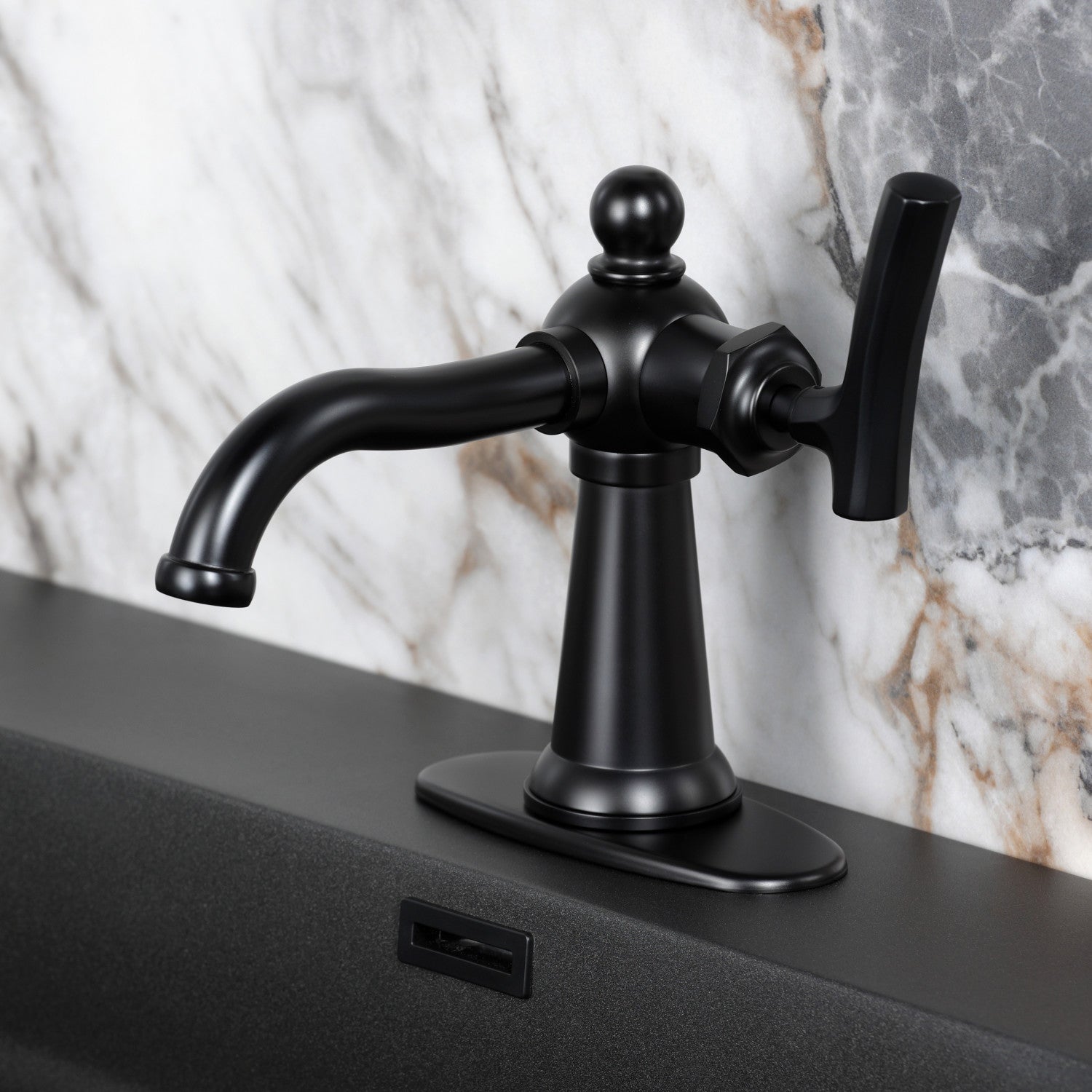 Kingston Tulare KSD3540TKL - Hallerbos One-Handle 1-Hole Bathroom Faucet with Deck Plate and Push Pop-Up Drain, Matte Black — thumbnail 2